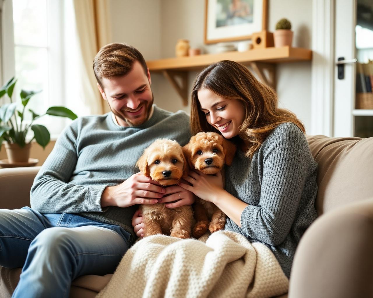 Family snuggling cavapoo puppies on a couch