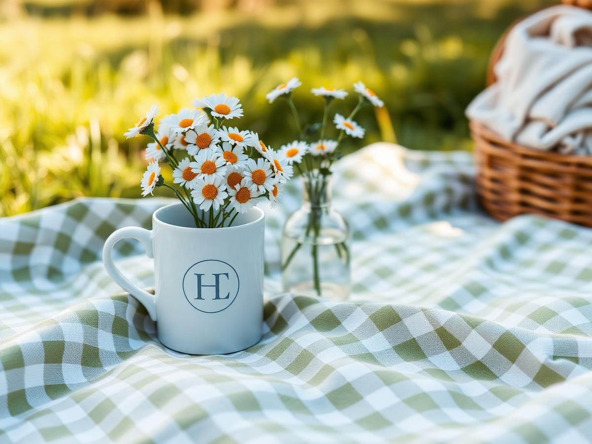 Cream mug with daisies on a sage gingham blanket